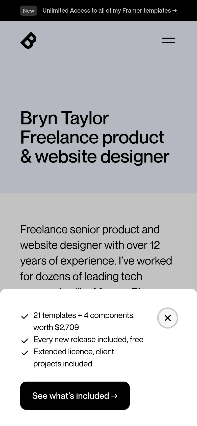 The mobile version presents a simplified vertical layout with the large headline centered and a hamburger menu icon in the top right. A promotional pop-up occupies the bottom half of the screen, featuring a list of template benefits and a large black button to view the offer.