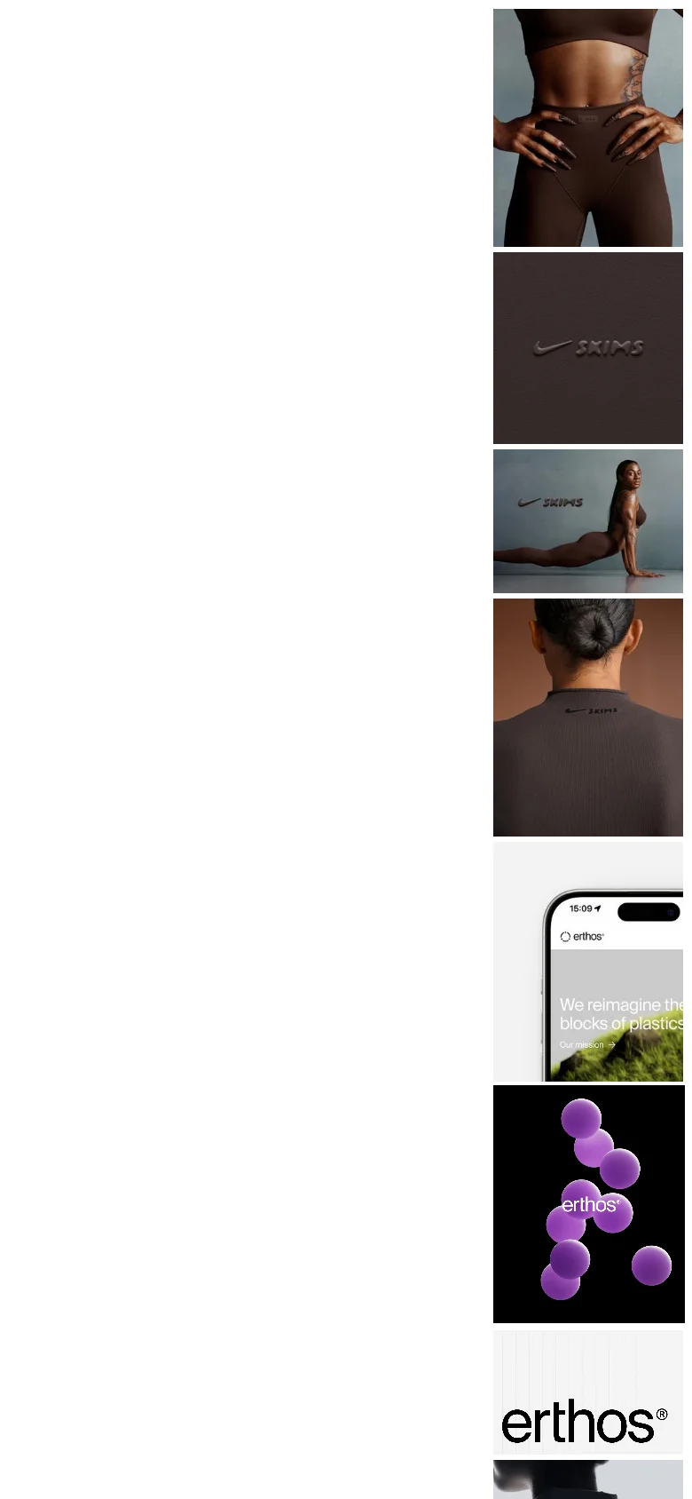 The mobile layout stacks the content vertically, beginning with the person in brown athletic wear, followed by the SKIMS logo, and then additional lifestyle imagery. The text content is moved below the visual elements, maintaining a clean, monochromatic aesthetic.
