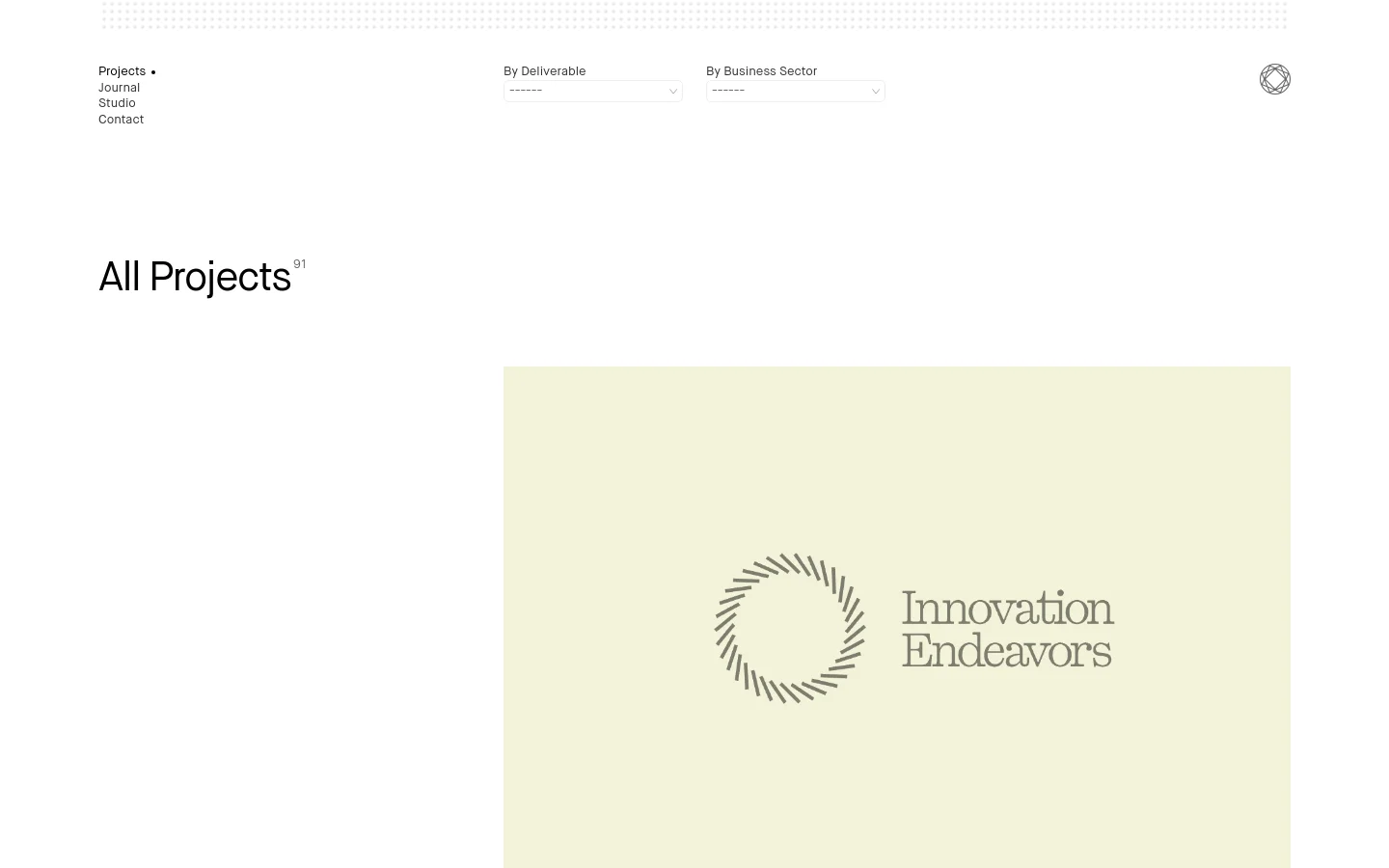 The desktop view shows a minimalist Projects page with a white background and black text. A navigation menu is on the left, while filter dropdowns for 'By Deliverable' and 'By Business Sector' are at the top right. The main content features a large heading 'All Projects 91' followed by a grid of project cards, starting with a large pale yellow card for 'Innovation Endeavors'.