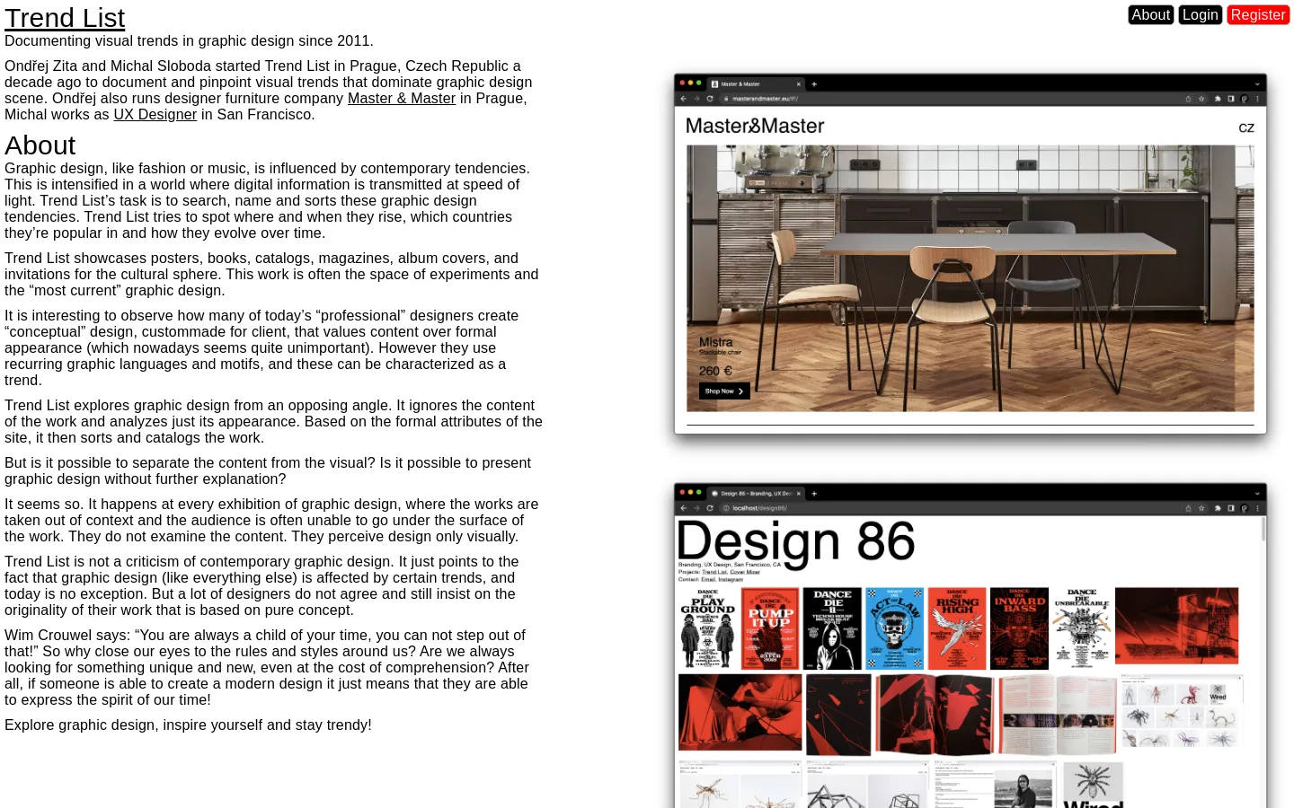 The desktop About page features a clean, minimalist layout with black text on a white background. A large header displays the site name and mission, followed by navigation links and several paragraphs of text describing the project's history and philosophy. Two large, rectangular image previews of graphic design works are positioned on the right side of the page.