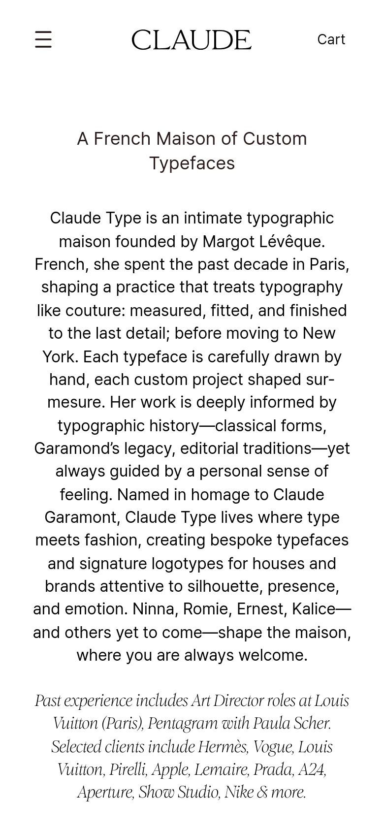 The mobile version maintains the minimalist aesthetic and centered text layout of the desktop version. The typography remains prominent against the white background, but the content is reflowed into a narrower single column for easier vertical scrolling on a handheld device.