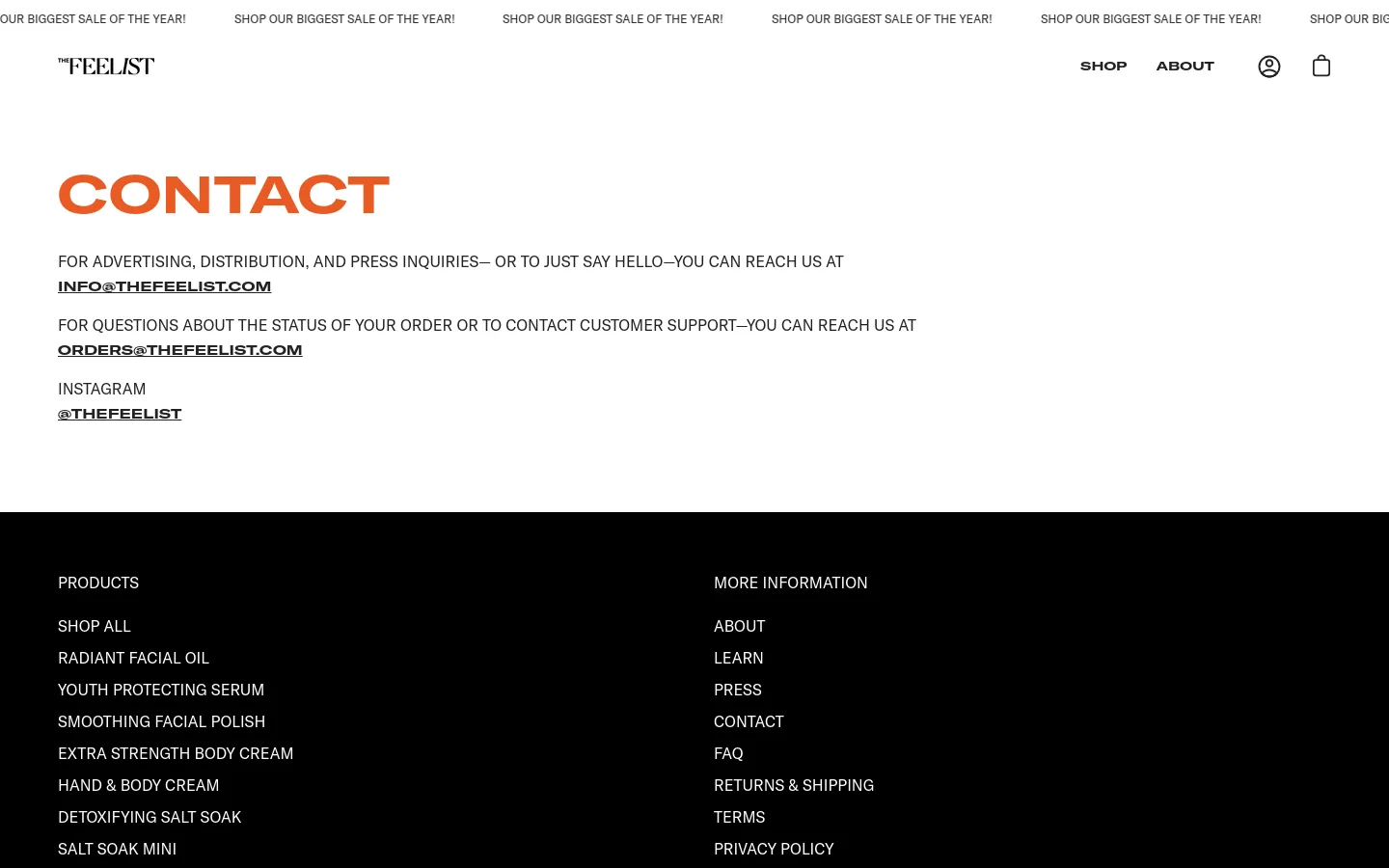 The desktop contact page features a minimalist white background with large, terracotta-colored 'CONTACT' headline. Below the headline, contact information for advertising, order support, and Instagram is listed in black uppercase text with underlined email links. A black footer contains categorized navigation links for products and company information.