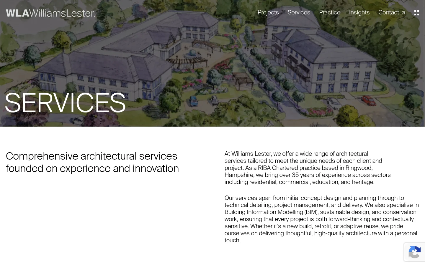The desktop page features a large hero image of an architectural watercolor sketch with the word 'SERVICES' in large white text. Below, a two-column layout presents a headline on the left and descriptive text on the right against a clean white background. A navigation menu with links to Projects, Services, Practice, Insights, and Contact is visible at the top.