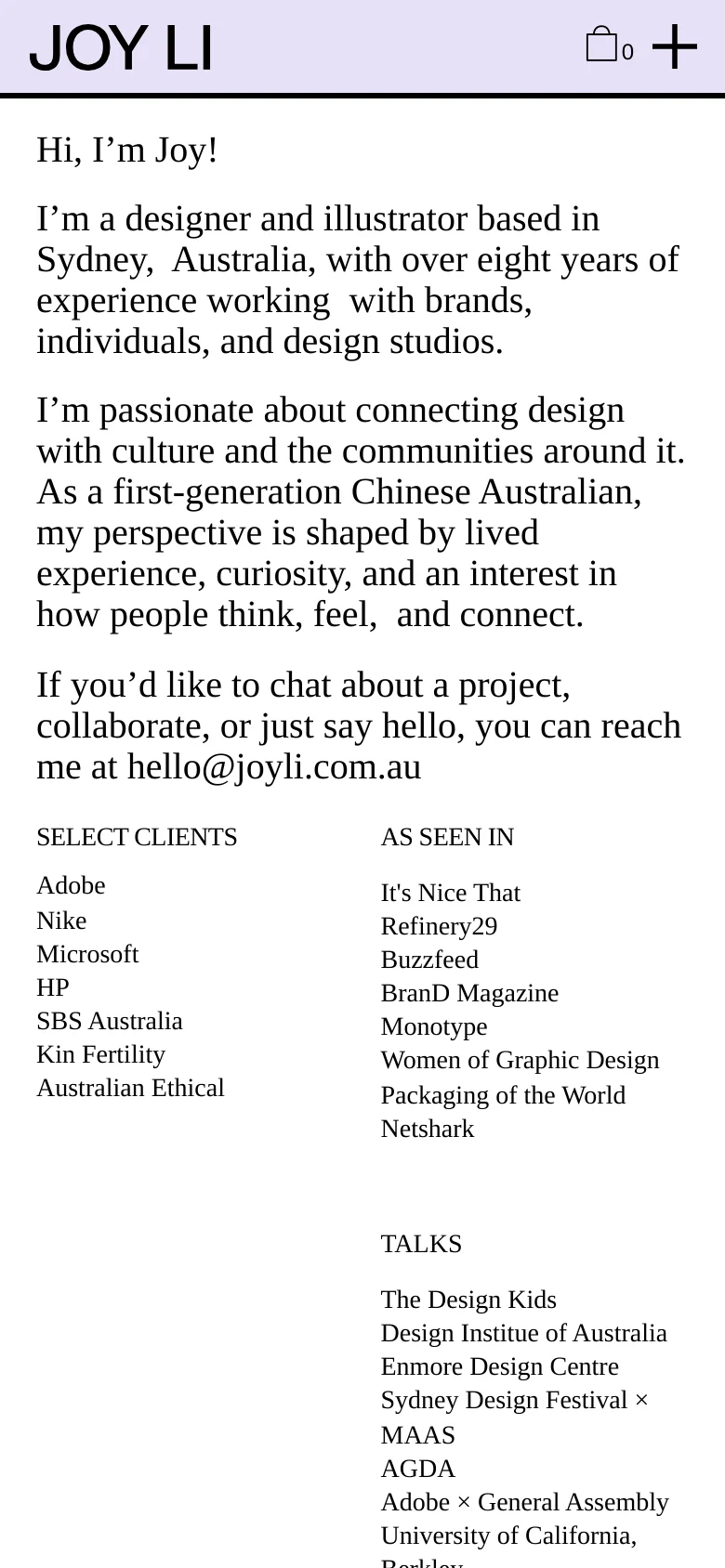 The mobile version presents a single-column vertical layout with a large 'JOY LI' logo and shopping cart icon at the top. The biographical text and lists for clients, press, and talks are stacked vertically for easy scrolling, maintaining the clean black-on-white aesthetic.