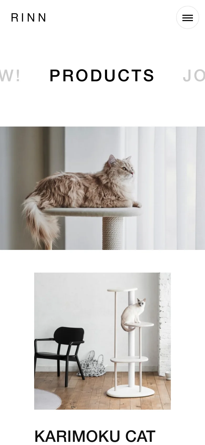 The mobile version maintains the minimalist aesthetic but uses a condensed layout with a hamburger menu icon in the top right. The large 'PRODUCTS' headline is centered above a hero image of a cat on a white cat tree, and the content is stacked vertically for easier scrolling on a smaller screen.