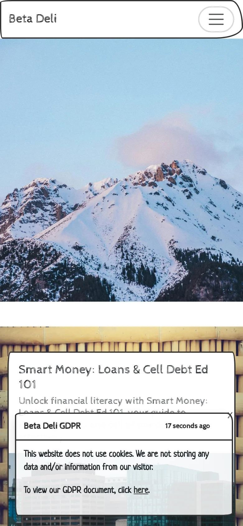 The mobile version displays a simplified layout with a large mountain hero image and a hamburger menu icon in the top right. The main headline and content are stacked vertically, and a prominent GDPR cookie notification pop-up appears at the bottom of the screen.