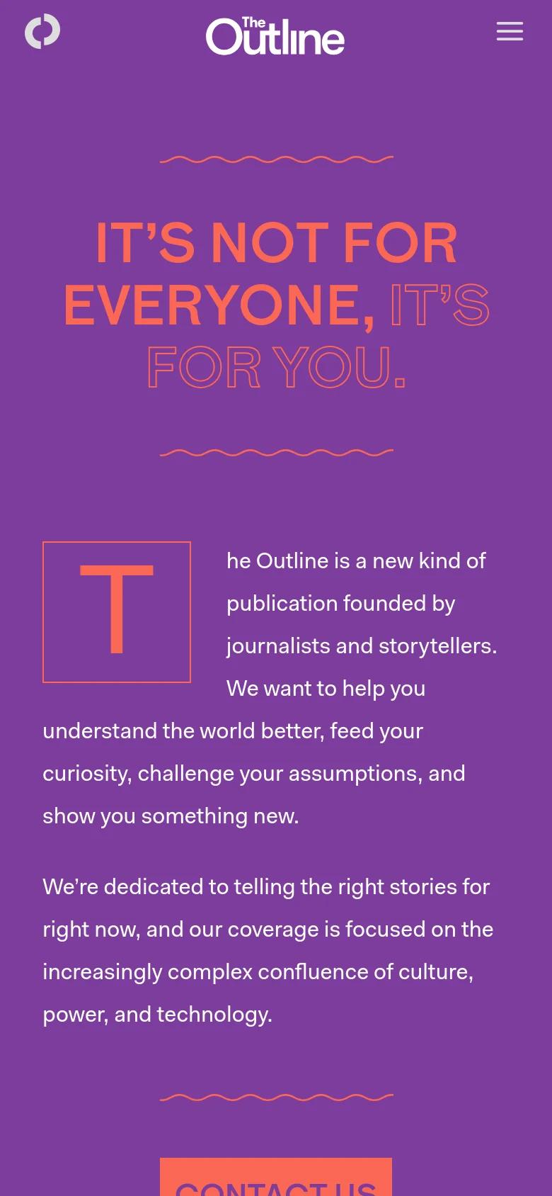 The mobile version maintains the purple background and bold orange headline but uses a vertical stack layout. The text is centered and scaled for smaller screens, with the mission statement appearing below the large headline and wavy decorative elements.