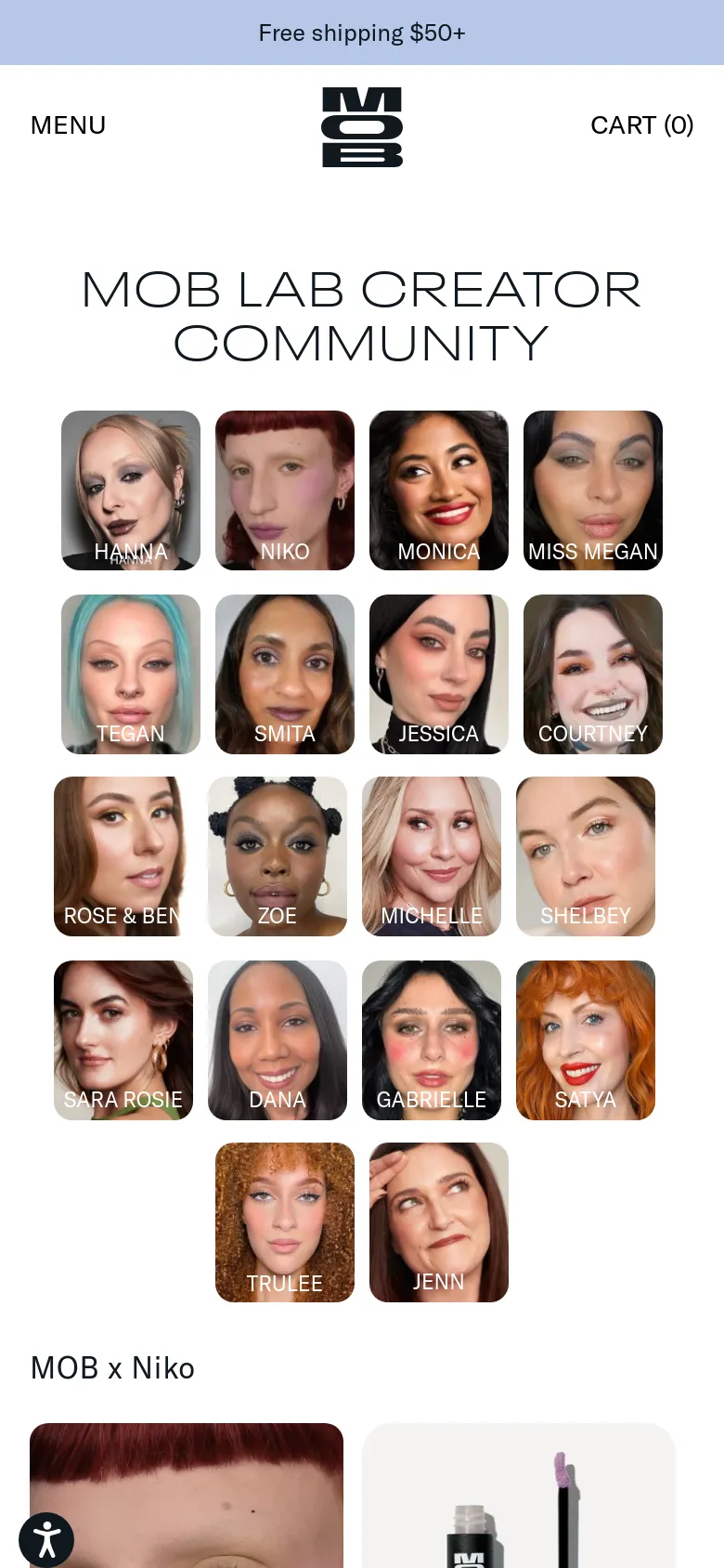 The mobile version presents a simplified layout with a centered logo and a hamburger menu icon. The headline 'MOB LAB CREATOR COMMUNITY' is prominently displayed above a multi-row grid of creator portrait photos, where names are overlaid on the images. The grid columns are narrower to fit the vertical screen orientation.