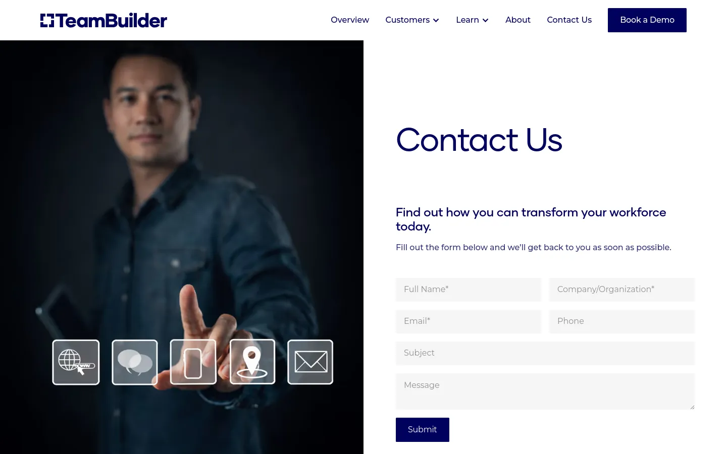 The desktop page features a split-screen layout with a large hero image on the left showing a man in a denim shirt pointing toward digital communication icons. On the right, a white section contains the 'Contact Us' headline, a brief instructional subheadline, and a contact form with fields for Name, Company, Email, Phone, Subject, and Message, finished with a dark blue 'Submit' button.
