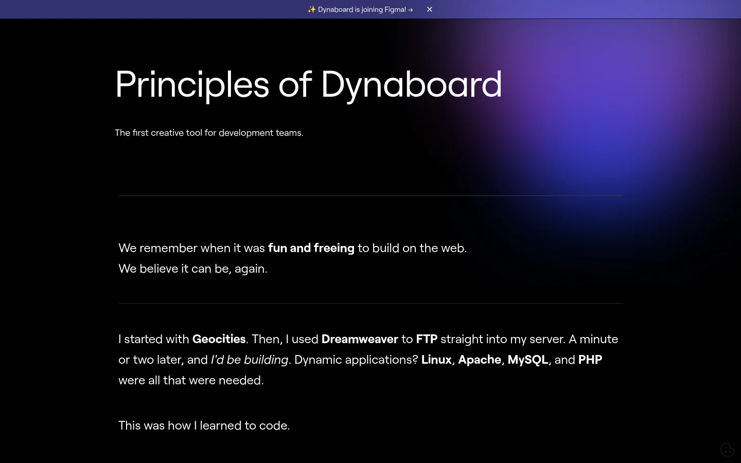The desktop About page features a dark theme with a purple gradient glow in the upper right. A large white headline reads 'Principles of Dynaboard' above a subheadline, followed by several paragraphs of text centered on a dark background. A thin horizontal line separates sections of the text.