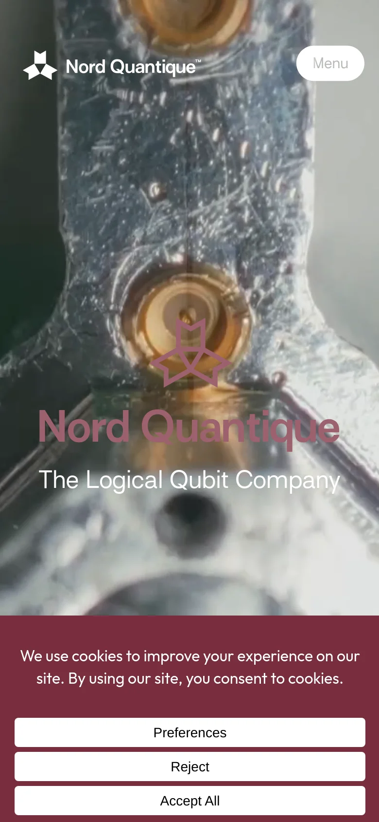 The mobile version maintains the dark, microscopic hero imagery but stacks the content vertically for a narrow viewport. The navigation menu is condensed into a single button, and the vision, mission, and strategy sections transition from a multi-column grid to a single-column vertical list of images and text.