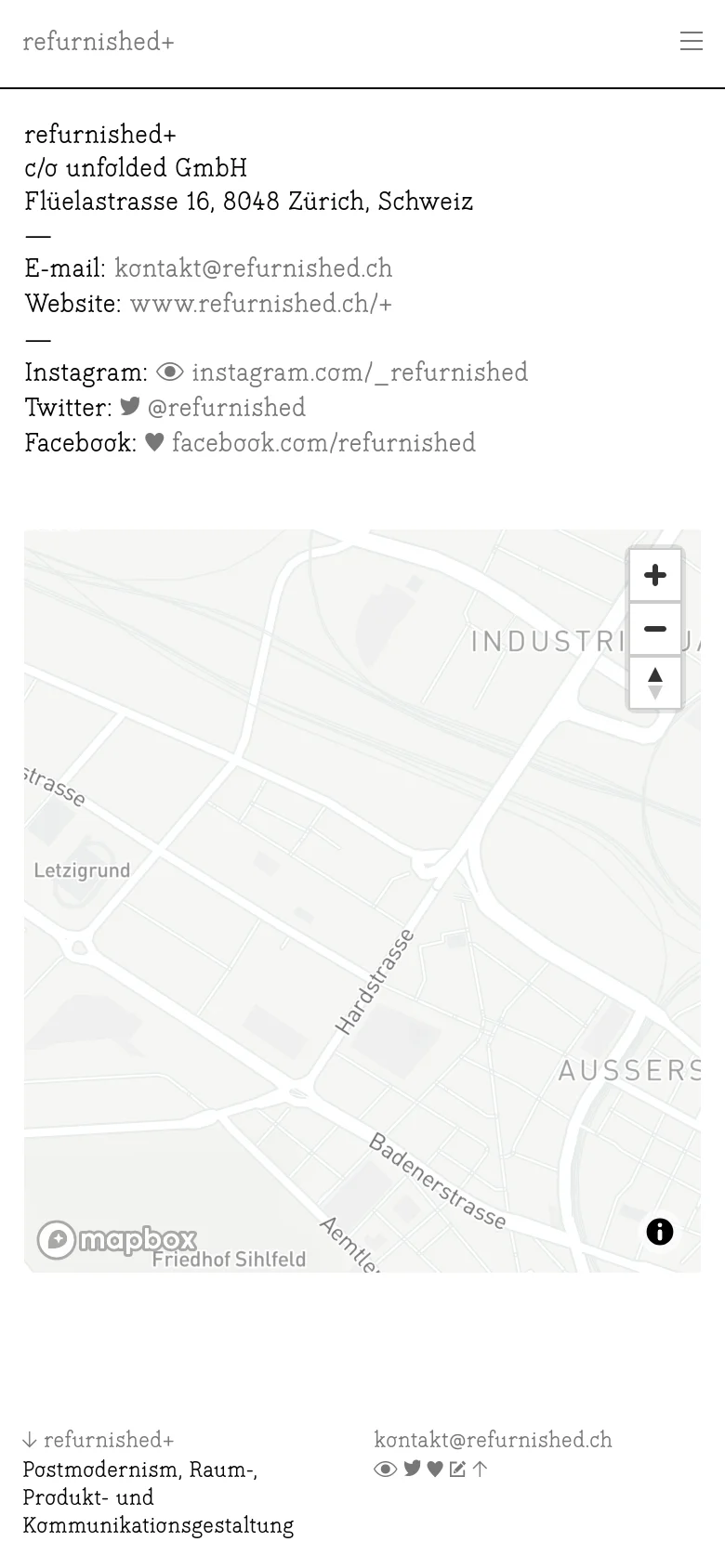 The mobile version uses a single-column vertical layout with a simplified header containing a hamburger menu icon. The contact information and social media links are stacked vertically above a large, full-width interactive map. The design maintains the minimalist white and black aesthetic of the desktop version.