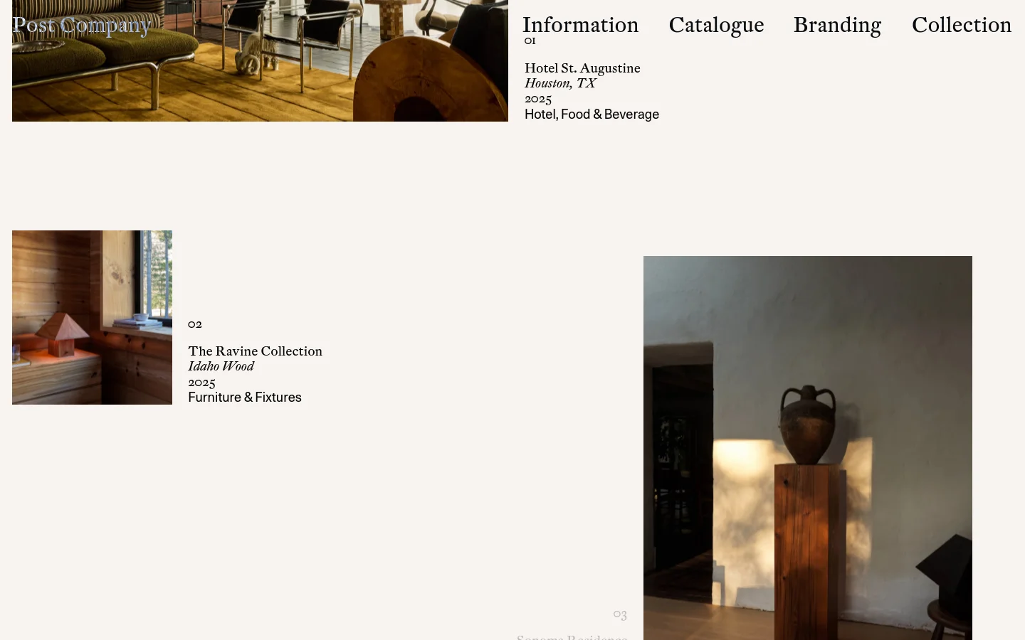 The desktop homepage features a minimalist design with a cream background and large, high-quality interior photography showcasing design projects. A navigation menu at the top includes links for Information, Catalogue, Branding, and Collection, while the main content displays numbered project tiles with titles, locations, and categories.