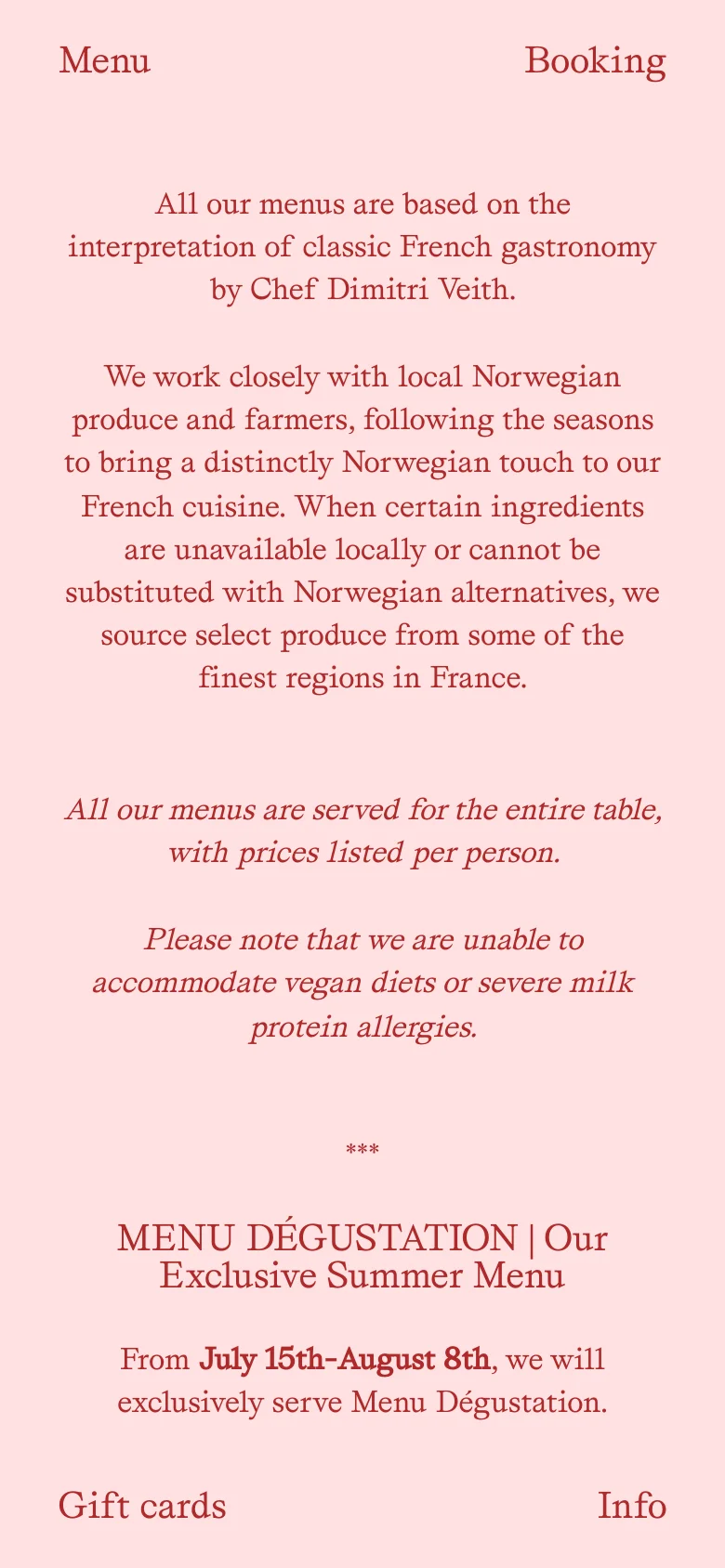 The mobile version maintains the soft pink background and dark red serif text but uses a single-column vertical layout optimized for small screens. The text is centered, and the navigation links are stacked or repositioned to ensure readability on a narrow viewport, focusing on the menu descriptions and pricing details.