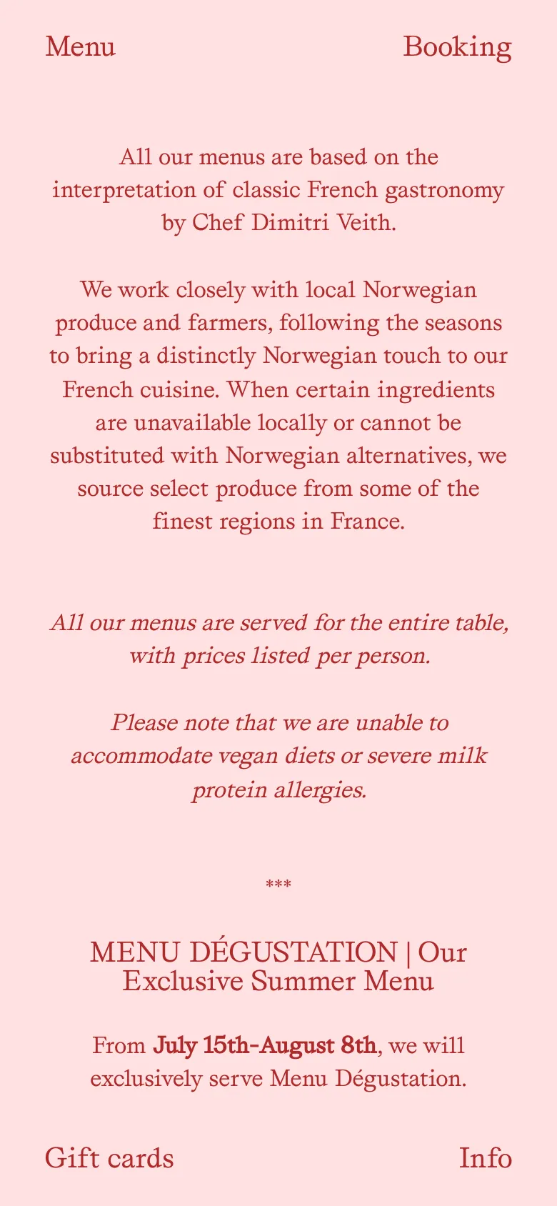 The mobile version maintains the soft pink background and dark red serif text but uses a single-column vertical layout optimized for small screens. The text is centered, and the navigation links are stacked or repositioned to ensure readability on a narrow viewport, focusing on the menu descriptions and pricing details.