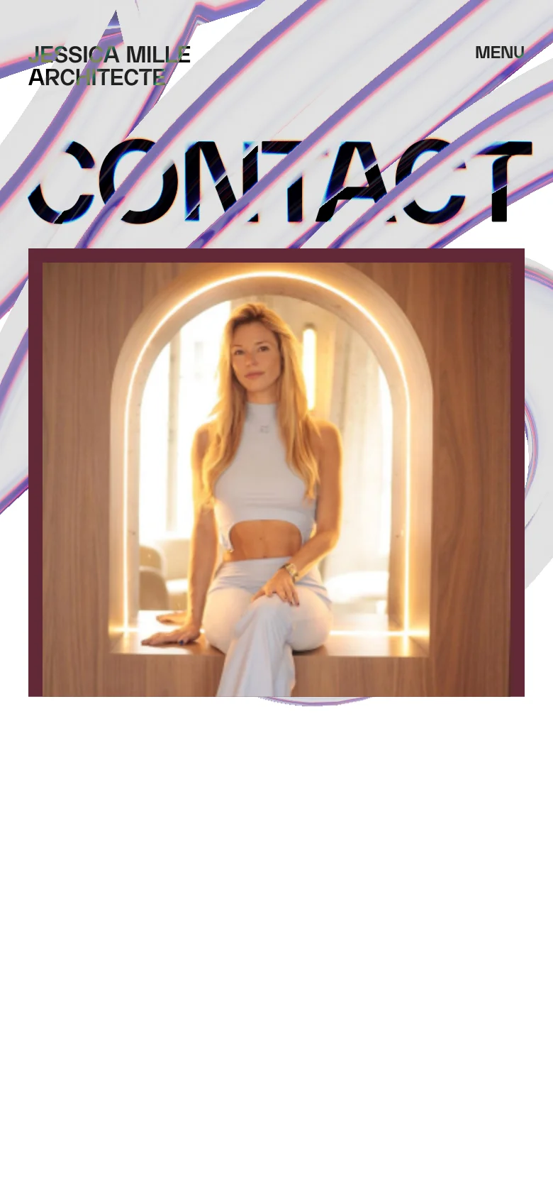 The mobile version stacks the elements vertically, starting with the 'CONTACT' headline and abstract flowing lines. Below this, the rectangular card with the woman's portrait and social media links takes up the full width of the screen. The navigation is condensed into a 'MENU' button at the top right.