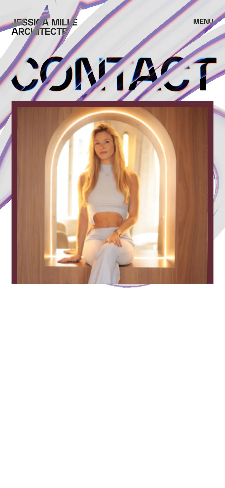 The mobile version stacks the elements vertically, starting with the 'CONTACT' headline and abstract flowing lines. Below this, the rectangular card with the woman's portrait and social media links takes up the full width of the screen. The navigation is condensed into a 'MENU' button at the top right.