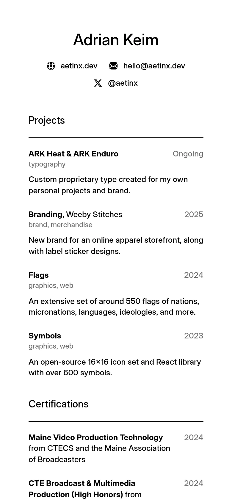 The mobile version presents the same resume content in a single-column vertical stack for easier scrolling. The centered white card expands to fill the screen width, and the multi-column sections like Projects and Education are reorganized into a linear list.