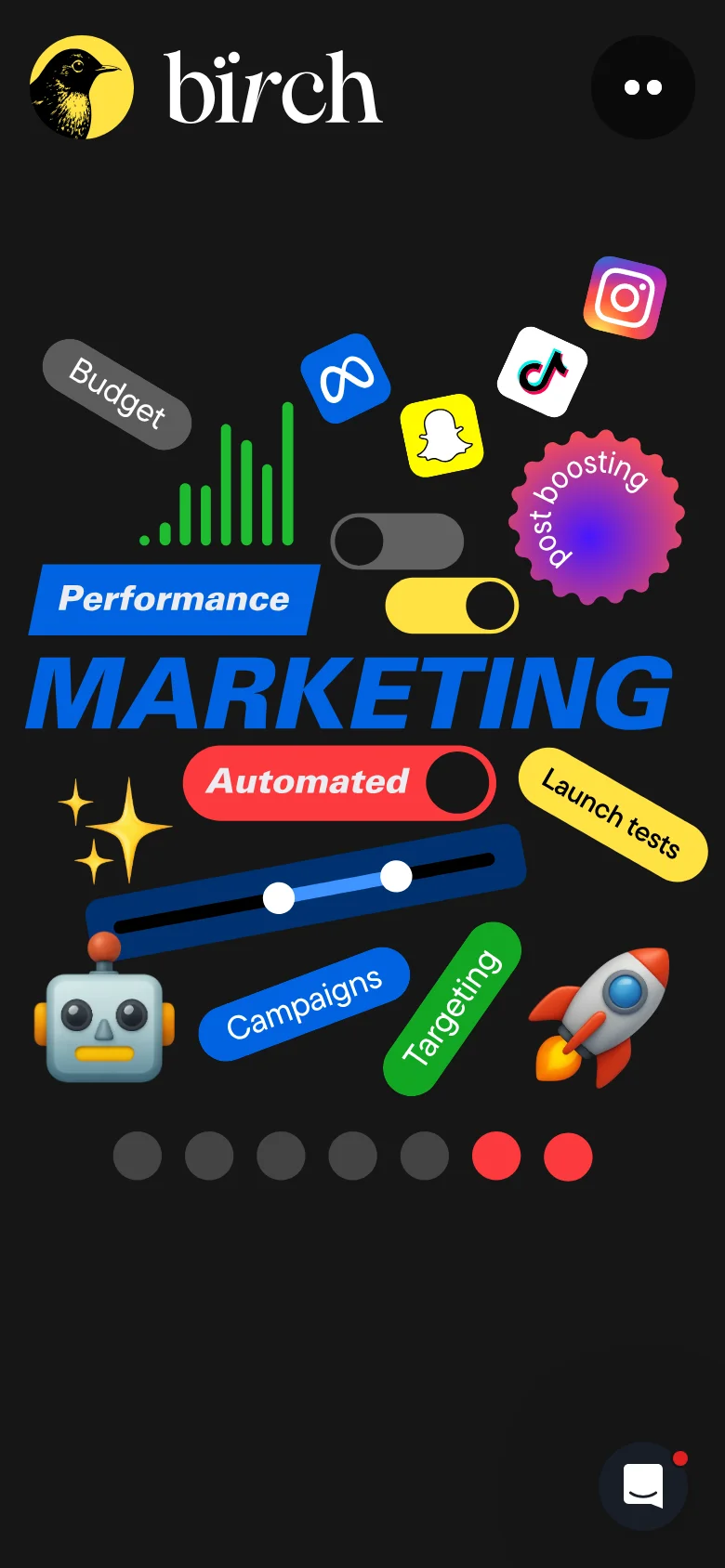 The mobile version presents a vertically stacked layout optimized for small screens, with the 'birch' logo and a menu icon at the top. The colorful marketing icons and text bubbles, such as 'Marketing Automated' and 'Targeting', are rearranged into a tighter, vertical composition. The dark theme is maintained, with primary elements scaled to fit the narrow viewport.