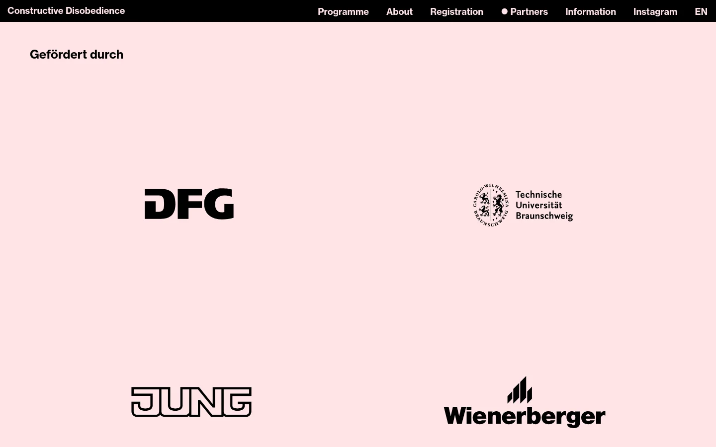 The desktop page features a light pink background with a minimalist layout. A large heading reads 'Gefördert durch' followed by several large black logos for DFG, Technische Universität Braunschweig, Jung, and Wienerberger arranged in a grid. A black navigation bar at the top contains links for Programme, About, Registration, Partners, Information, Instagram, and EN.