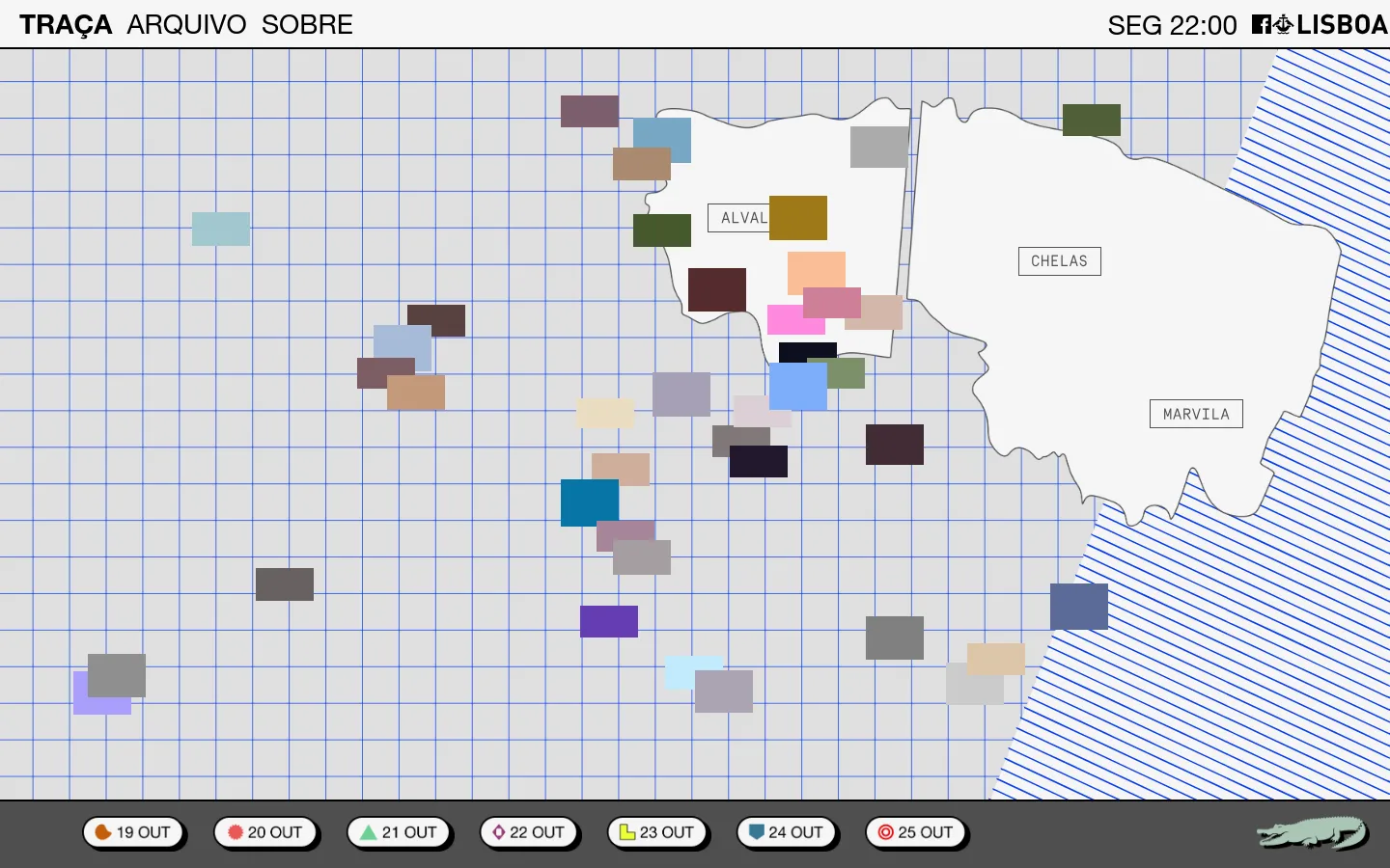 The desktop homepage features a light blue grid background with a stylized map of Lisbon's neighborhoods like Alval, Chelas, and Marvila. Various colorful rectangular shapes are scattered across the grid, and a navigation bar at the top includes links for Traça, Arquivo, and Sobre. At the bottom, a dark grey navigation bar contains date-specific buttons for October 19th through 25th.