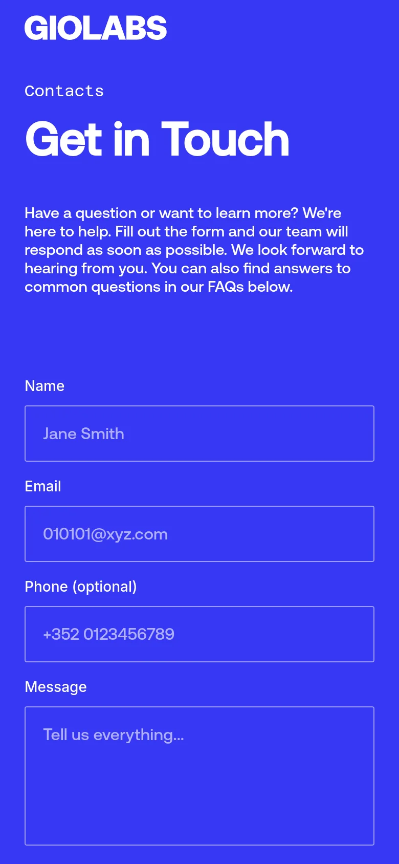 The mobile version uses the same blue and white color scheme but adopts a single-column vertical layout. The 'Contacts' heading, large 'Get in Touch' title, and introductory text are stacked at the top, followed by the contact form fields and the white 'Submit' button below them.