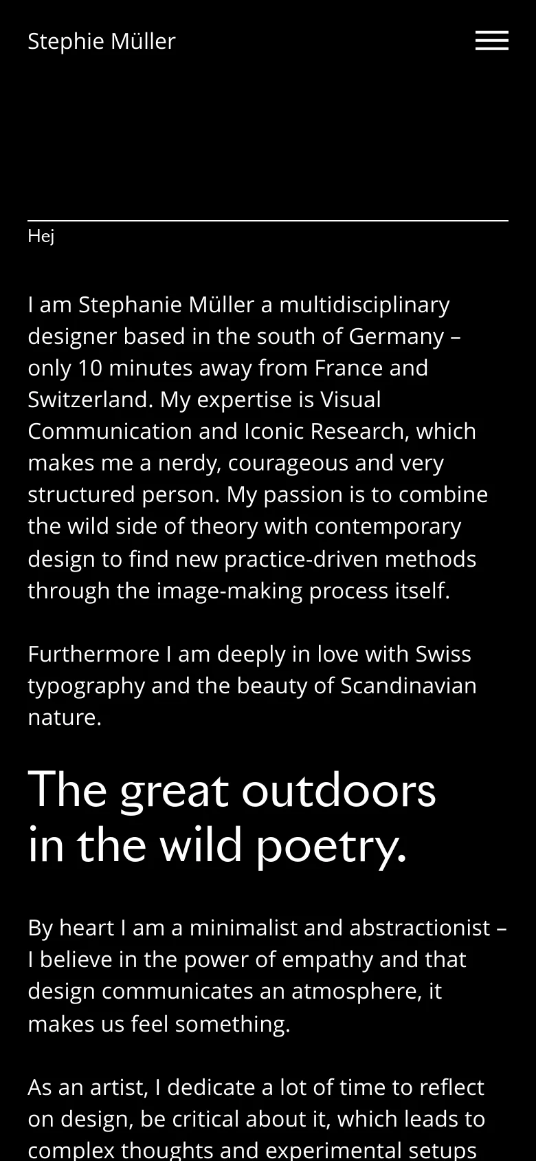 The mobile version features a simplified layout with a black background and white text. The top navigation is replaced by a hamburger menu icon next to the name 'Stephie Müller,' and the text content is stacked vertically for easier reading on a narrow screen.