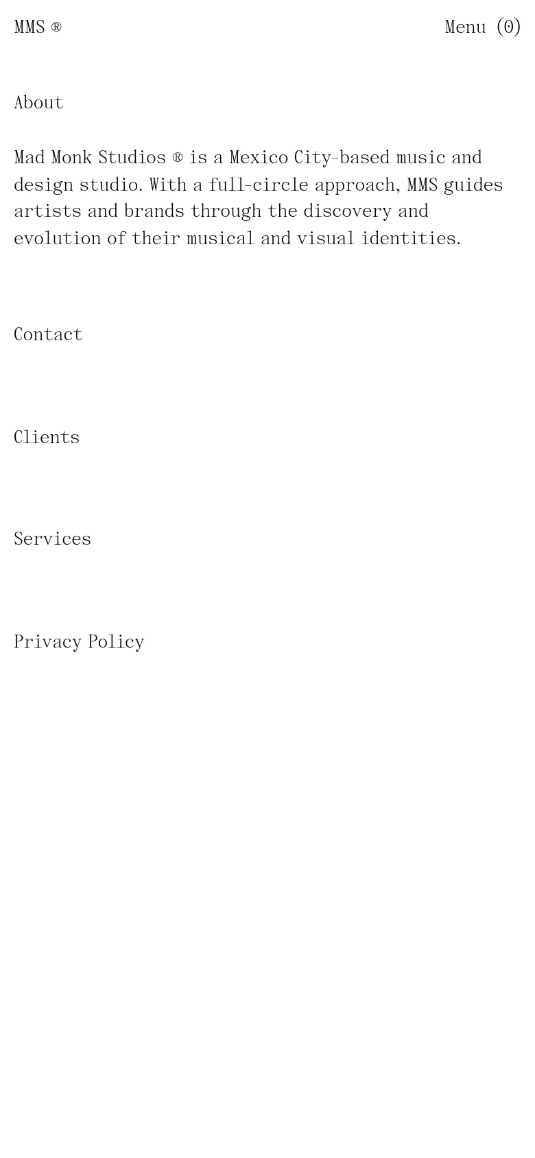 The mobile version simplifies the layout into a single-column vertical stack to accommodate smaller screens. The multi-column desktop grid is replaced by large, centered text blocks for 'About', 'Contact', 'Clients', and 'Services', with a 'Menu' button in the top right corner.