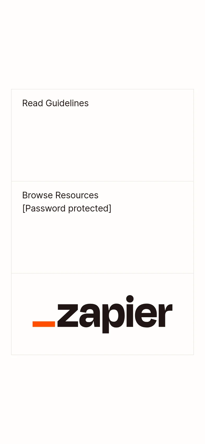 The mobile version maintains the minimalist white aesthetic but stacks the content vertically. The 'Read Guidelines' and 'Browse Resources [Password protected]' links appear as full-width text blocks above a large, centered black Zapier logo.