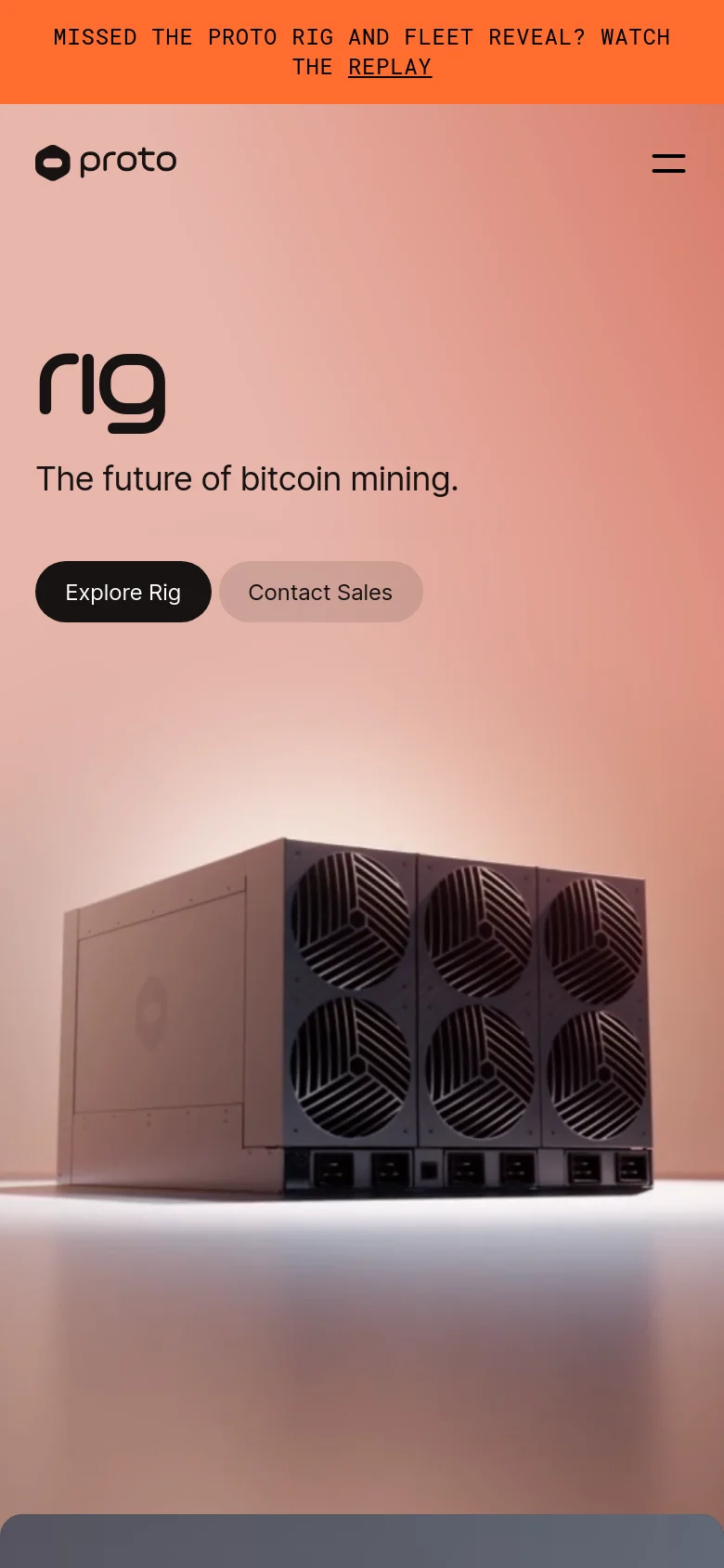 The mobile version simplifies the layout, replacing the top navigation links with a hamburger menu icon. The hero image shifts to a centered composition showing a close-up of a mining rig unit against a soft gradient background. The headline 'rig' and subtext 'The future of bitcoin mining' are stacked vertically above two large, full-width buttons for 'Explore Rig' and 'Contact Sales'.