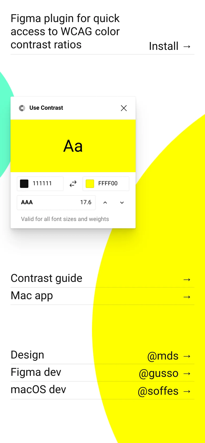 The mobile version maintains the minimalist aesthetic with the large yellow shape and white background, but the layout is vertically stacked. The headline and 'Install' link appear at the top, followed by the floating UI window, and then a simplified list of navigation links that span the width of the screen.