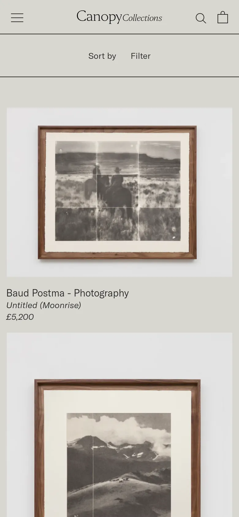 The mobile version presents a condensed view of the art collection, featuring a simplified header with a hamburger menu, search icon, and shopping bag. The filtering and sorting options are moved into prominent buttons above a single-column vertical scroll of large artwork images. The layout prioritizes vertical scrolling to showcase each piece and its details clearly on a smaller screen.