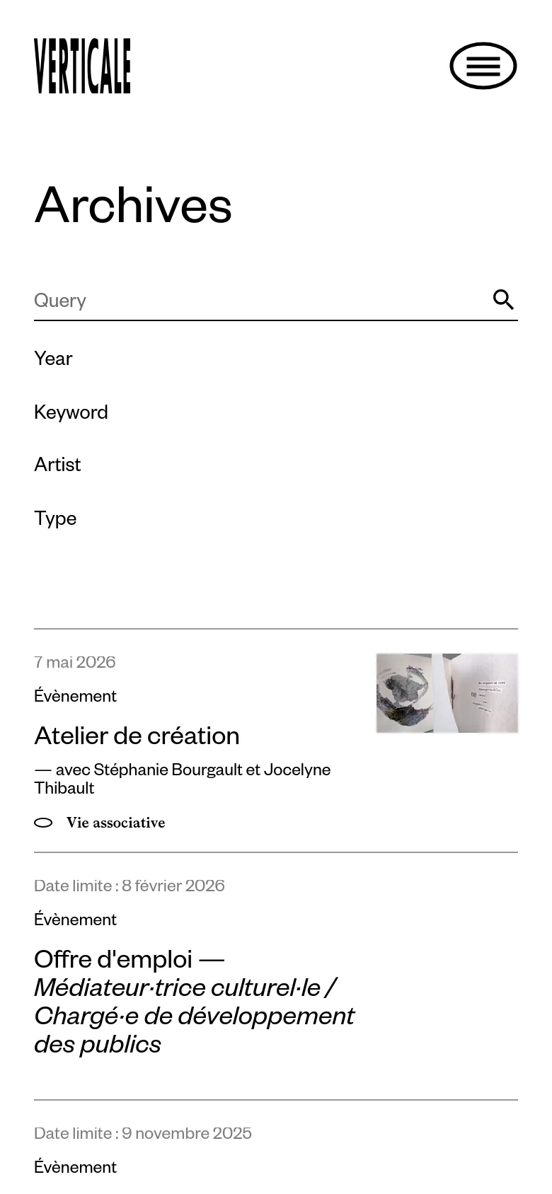 The mobile version maintains the minimalist white and black aesthetic but uses a vertical stack for the search filters, with 'Query', 'Year', 'Keyword', 'Artist', and 'Type' appearing one above the other. The navigation is condensed into a hamburger menu icon at the top right. Archive entries follow a single-column layout where text and small thumbnail images are stacked vertically.