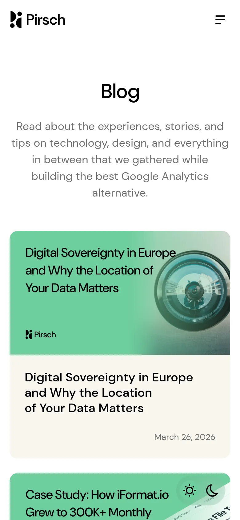 The mobile version simplifies the layout into a single-column vertical scroll. The navigation is condensed into a hamburger menu icon next to the Pirsch logo, and the blog posts appear as large, full-width cards with featured images and headlines stacked vertically. The overall aesthetic remains minimalist with a focus on readability and large touch targets.