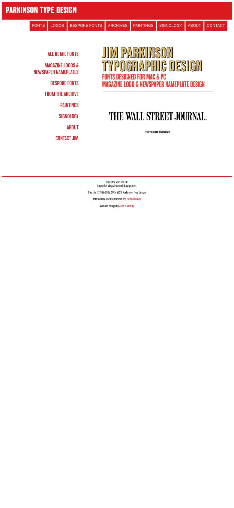 The mobile version maintains the red header and navigation bar but stacks the content vertically. The left-aligned red text links appear above the large typographic hero text and the 'THE WALL STREET JOURNAL' nameplate redesign, creating a single-column scrolling experience.