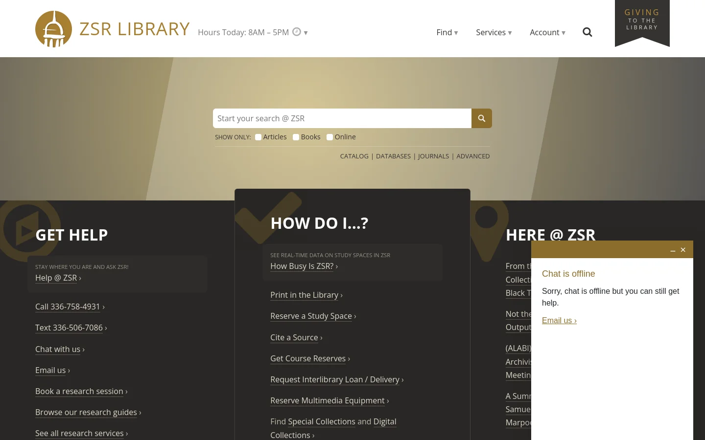 ZSR Library Contact desktop website screenshot