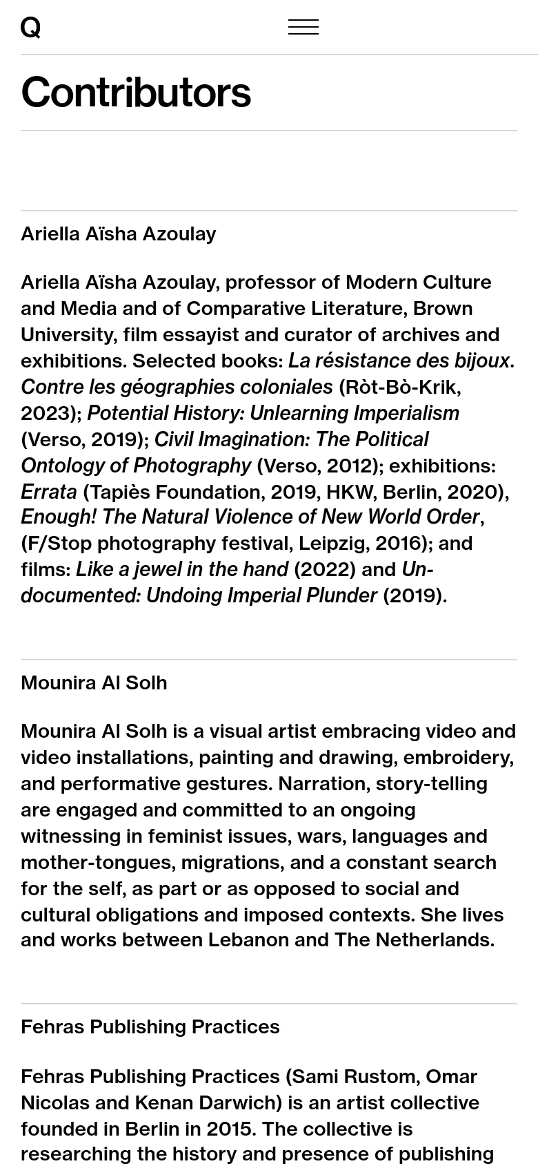 The mobile version simplifies the layout into a single vertical column with a centered 'Contributors' heading and a hamburger menu icon at the top. The navigation links are hidden, and the contributor biographies are stacked vertically for easy scrolling on a small screen.