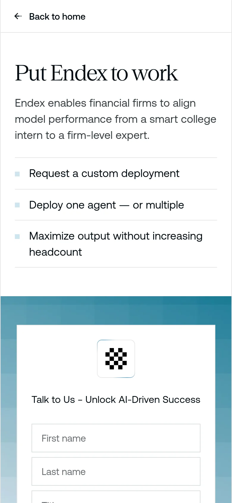 The mobile version uses a vertical stack layout where the headline and value propositions appear first on a white background. Below the text, the contact form is displayed prominently against a blue geometric background, with all input fields and the black 'Contact Sales' button spanning the width of the screen.