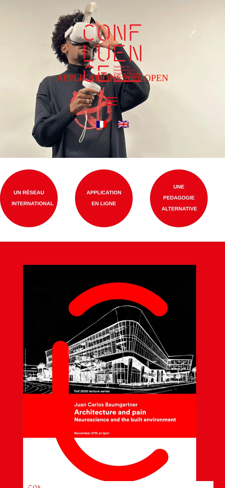 The mobile version presents a vertically stacked layout, starting with the hero image and large red text overlay. The three red circular call-to-action buttons are rearranged into a vertical column below the main image. The navigation menu is condensed, and the overall design maintains the high-contrast red and white color scheme.