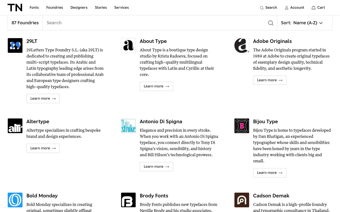 The desktop page displays a directory of 87 type foundries organized in a multi-column grid layout. Each entry includes a square logo, the foundry name, a brief description, and a 'Learn more' button. A top navigation bar features the Type Network logo, menu links, and search/account icons, while a sub-header contains a search bar and a sorting dropdown.