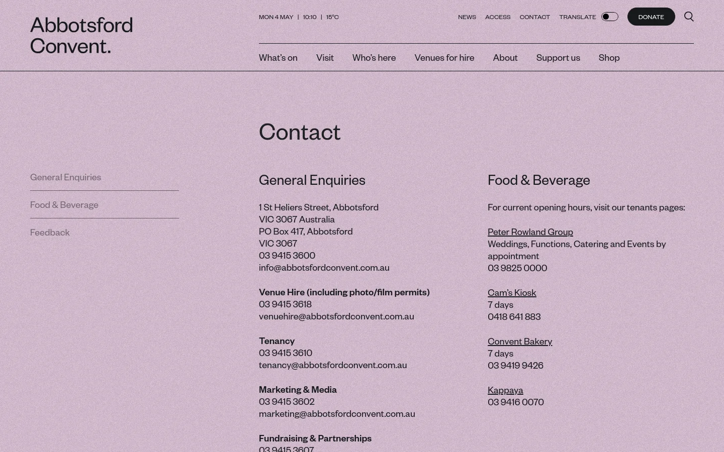 The desktop Contact page features a minimalist design with a light lavender textured background and dark grey text. A large 'Contact' heading is followed by a navigation menu with links for General Enquiries, Food & Beverage, and Feedback, while the main content area lists contact details for various departments including addresses, phone numbers, and emails.