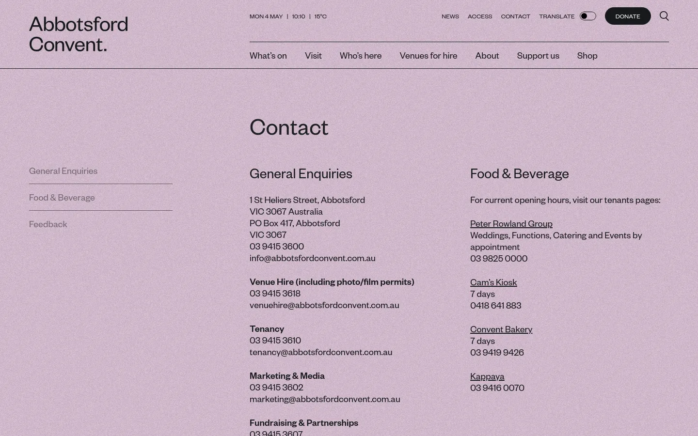 The desktop Contact page features a minimalist design with a light lavender textured background and dark grey text. A large 'Contact' heading is followed by a navigation menu with links for General Enquiries, Food & Beverage, and Feedback, while the main content area lists contact details for various departments including addresses, phone numbers, and emails.