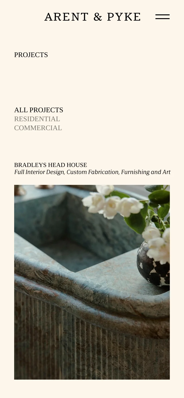 The mobile version simplifies the layout into a single vertical column, stacking the project filter options and large project images. The navigation menu is condensed into a hamburger icon in the top right, and the project images take up the full width of the screen for a focused viewing experience.