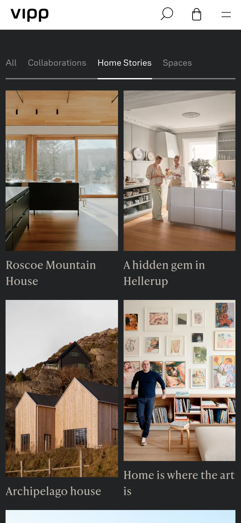 The mobile version features a simplified header with the Vipp logo, a search icon, a shopping bag icon, and a hamburger menu. The sub-navigation for 'All', 'Collaborations', 'Home Stories', and 'Spaces' is displayed in a single row above a vertical grid of large lifestyle images. The layout shifts from a multi-column grid to a single-column stack to accommodate the smaller screen width.