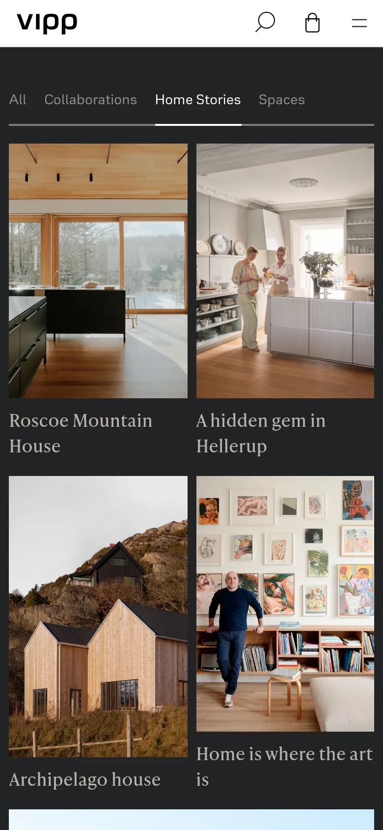 The mobile version features a simplified header with the Vipp logo, a search icon, a shopping bag icon, and a hamburger menu. The sub-navigation for 'All', 'Collaborations', 'Home Stories', and 'Spaces' is displayed in a single row above a vertical grid of large lifestyle images. The layout shifts from a multi-column grid to a single-column stack to accommodate the smaller screen width.