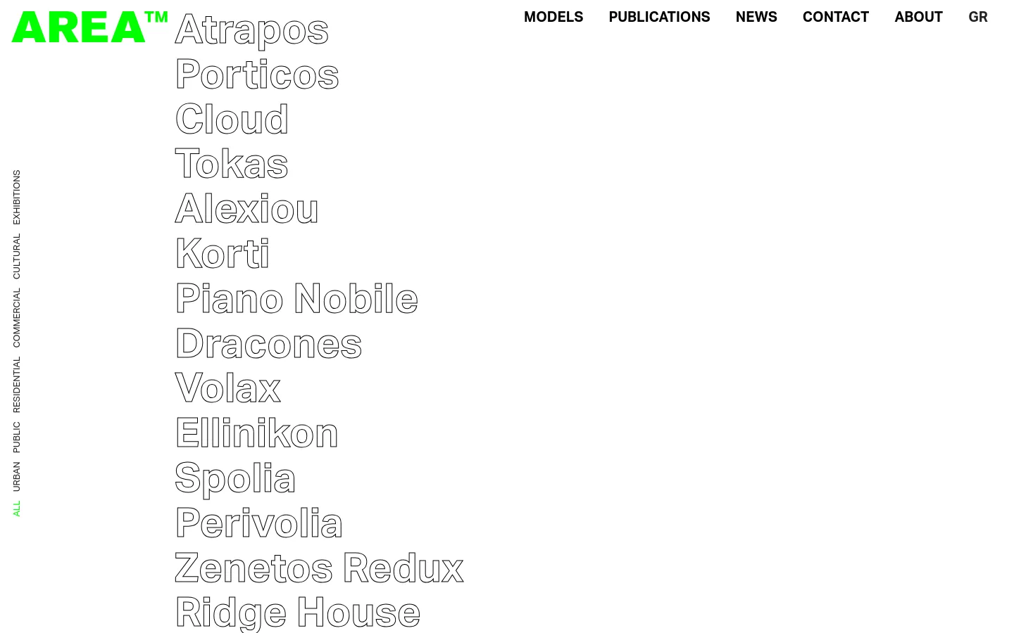 The desktop homepage features a minimalist white background with the bright green 'AREA' logo in the top left and a horizontal navigation menu on the right. A large vertical list of project names in outlined typography dominates the center, with a featured rectangular image of a modern white building nestled in a hilly landscape overlapping the text. A vertical sidebar on the left provides category filters like 'URBAN' and 'RESIDENTIAL'.