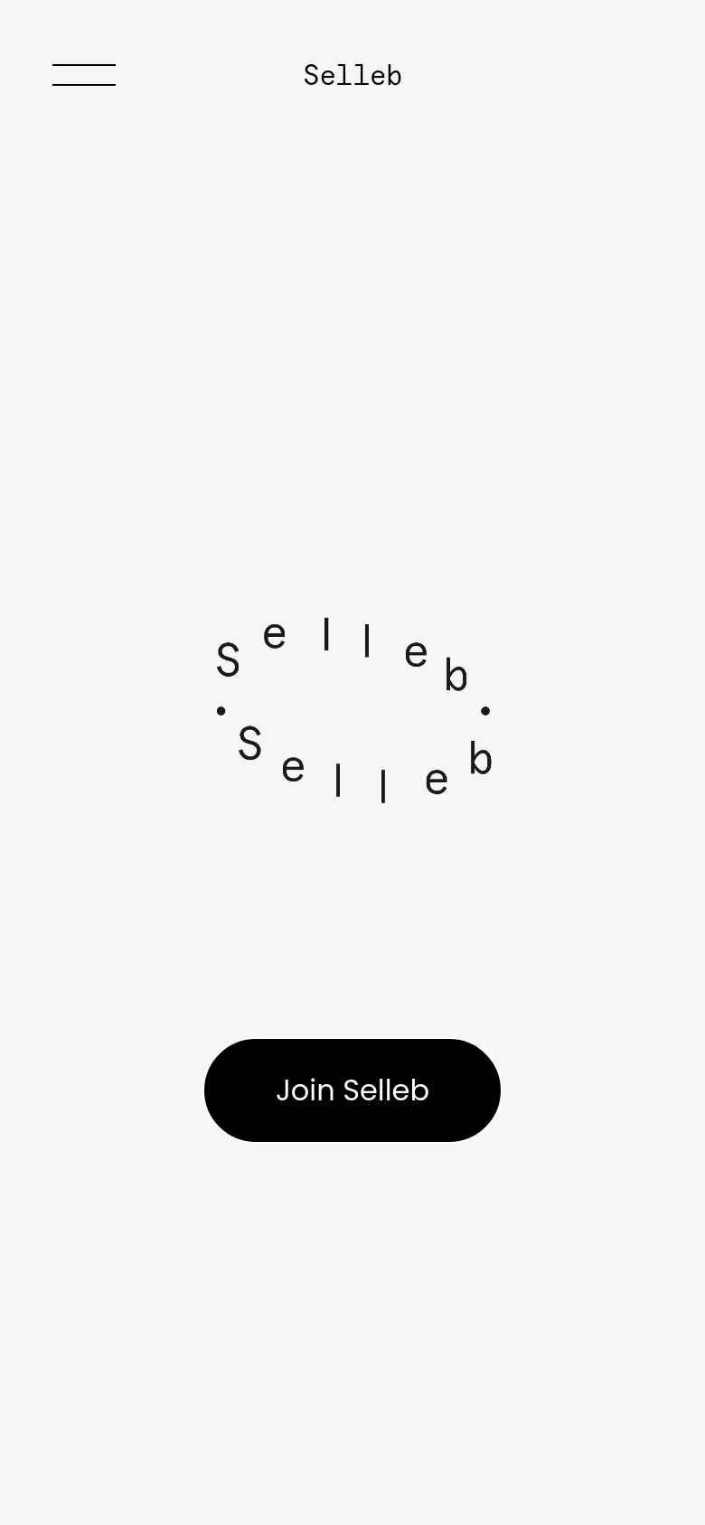 The mobile version maintains the minimalist white aesthetic, centering the circular 'Selleb' logo and the black 'Join Selleb' call-to-action button. The top navigation is simplified, replacing the horizontal links with a two-line hamburger menu icon on the left and the 'Selleb' brand name in the center.