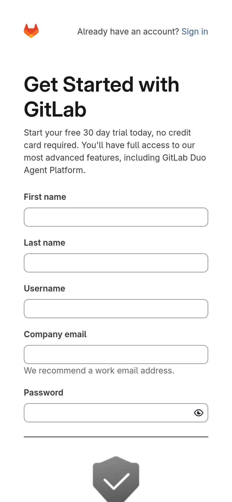 Mobile view of the GitLab registration page with a single-column stacked layout. The GitLab logo and sign-in link appear at the top, followed by the 'Get Started with GitLab' headline and registration form. The AI feature graphic is removed from the immediate view to prioritize the form fields.