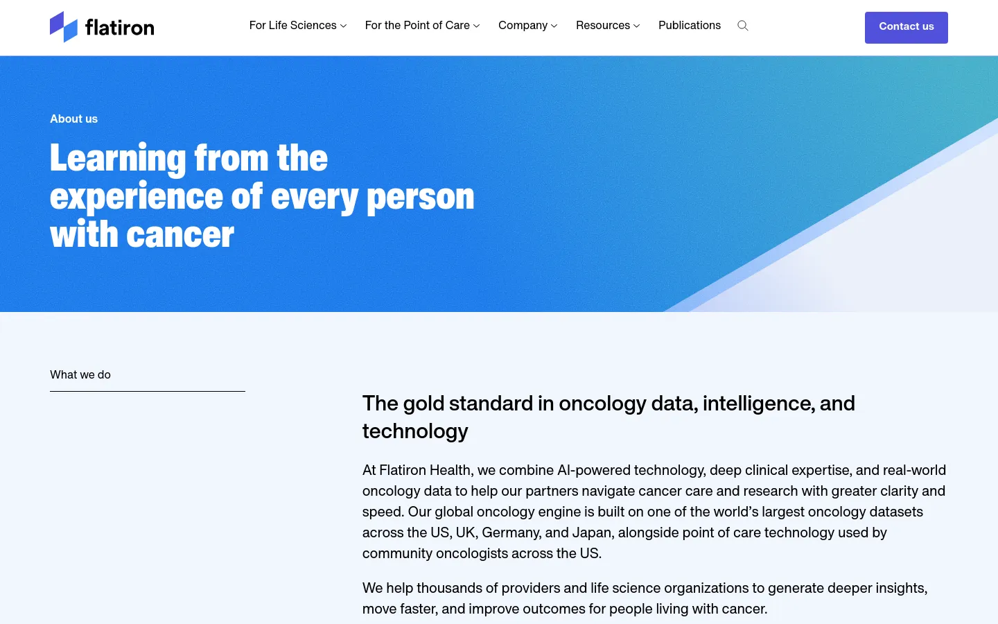 The desktop page features a blue gradient hero section with the headline 'Learning from the experience of every person with cancer' and a white navigation bar containing the Flatiron logo, menu links, and a 'Contact us' button. Below the hero, a white content area displays text sections about the company's mission and technology using a clean, professional layout with dark text on a light background.