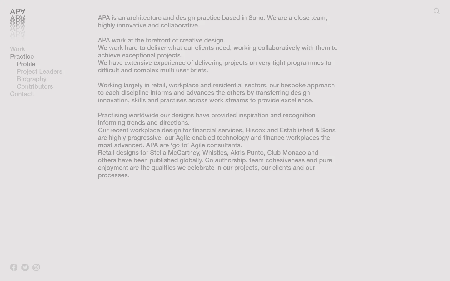 The desktop version features a minimalist layout with a light gray background. On the left, a vertical navigation menu includes the APV logo and links for Work, Practice, Profile, Project Leaders, Biography, Contributors, and Contact, while the main content area on the right displays several paragraphs of text about the architecture practice. A search icon is located in the top right corner, and social media icons are in the bottom left.